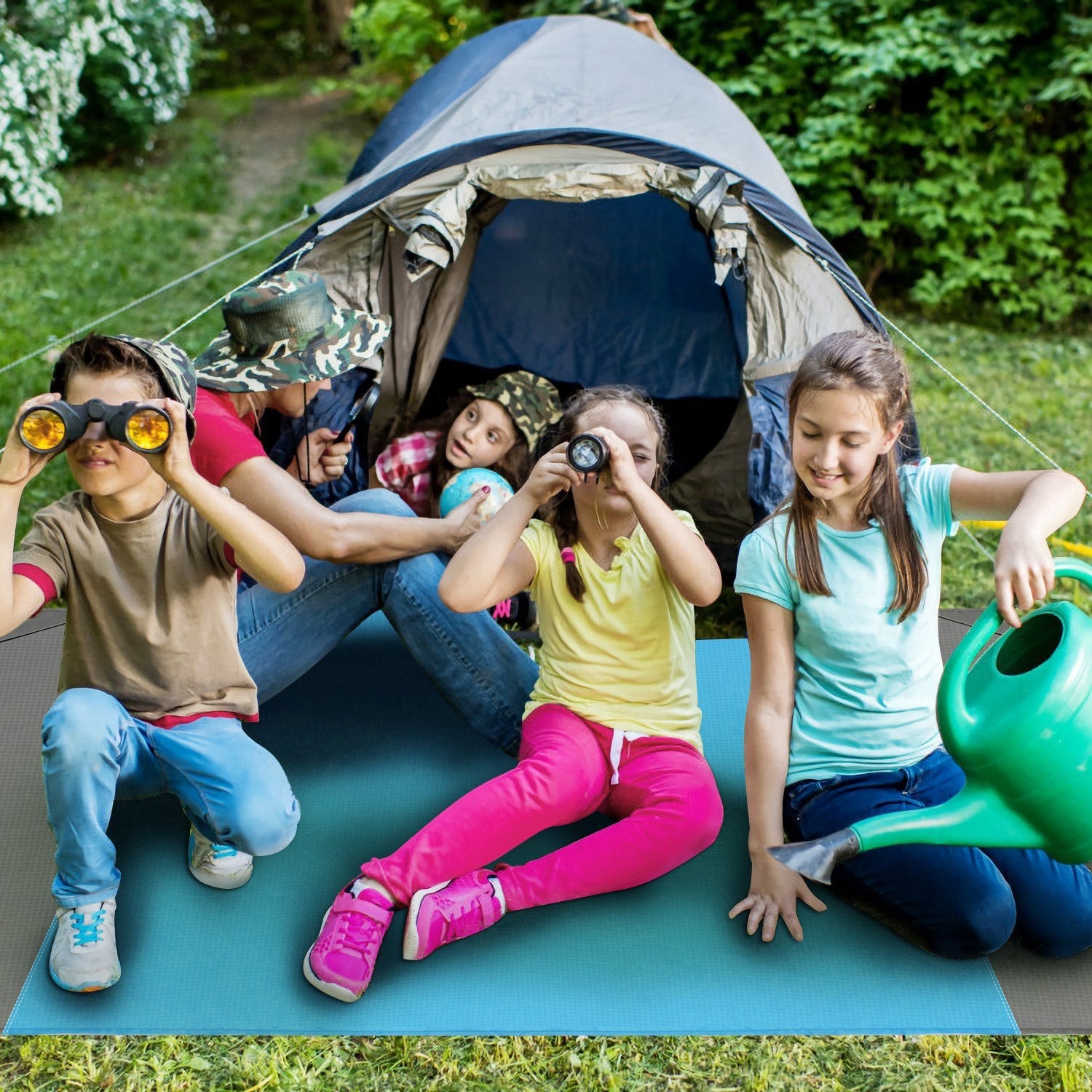 108x96.46in Sand Proof Picnic Blanket Water Resistant Foldable Camping Beach Mat with stakes and a carry bag, isolated on a white background.