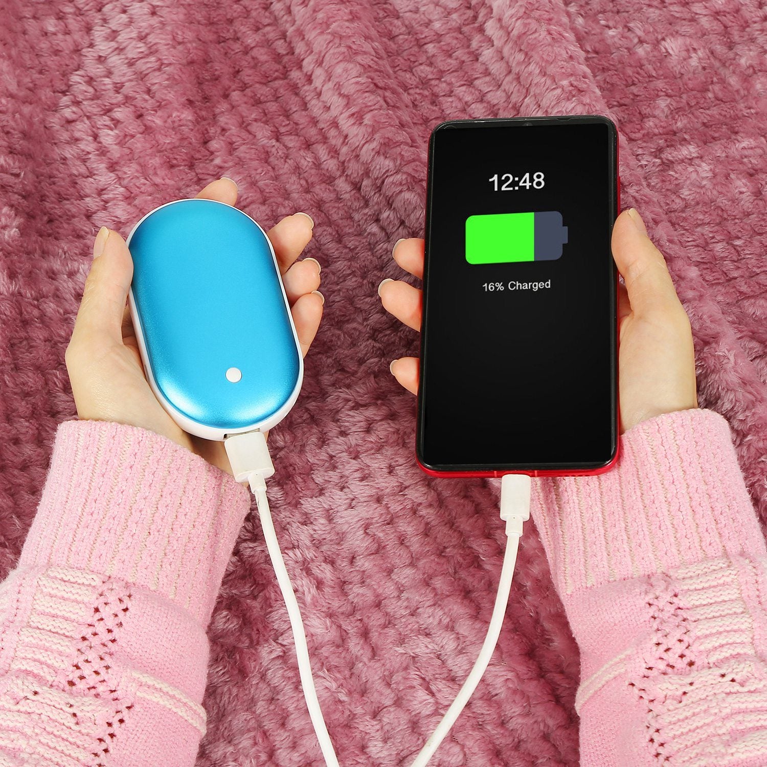 Silver Portable Hand Warmer 5000mAh Power Bank Rechargeable Pocket Warmer Double-Sided Heating Hand Warmer with a round power button, LED indicators, and a USB port on a white background.