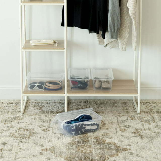 5 Qt. (1.25 gal.) Small Stackable Plastic Closet Storage Boxes filled with various items like toys, clothes, and office supplies.