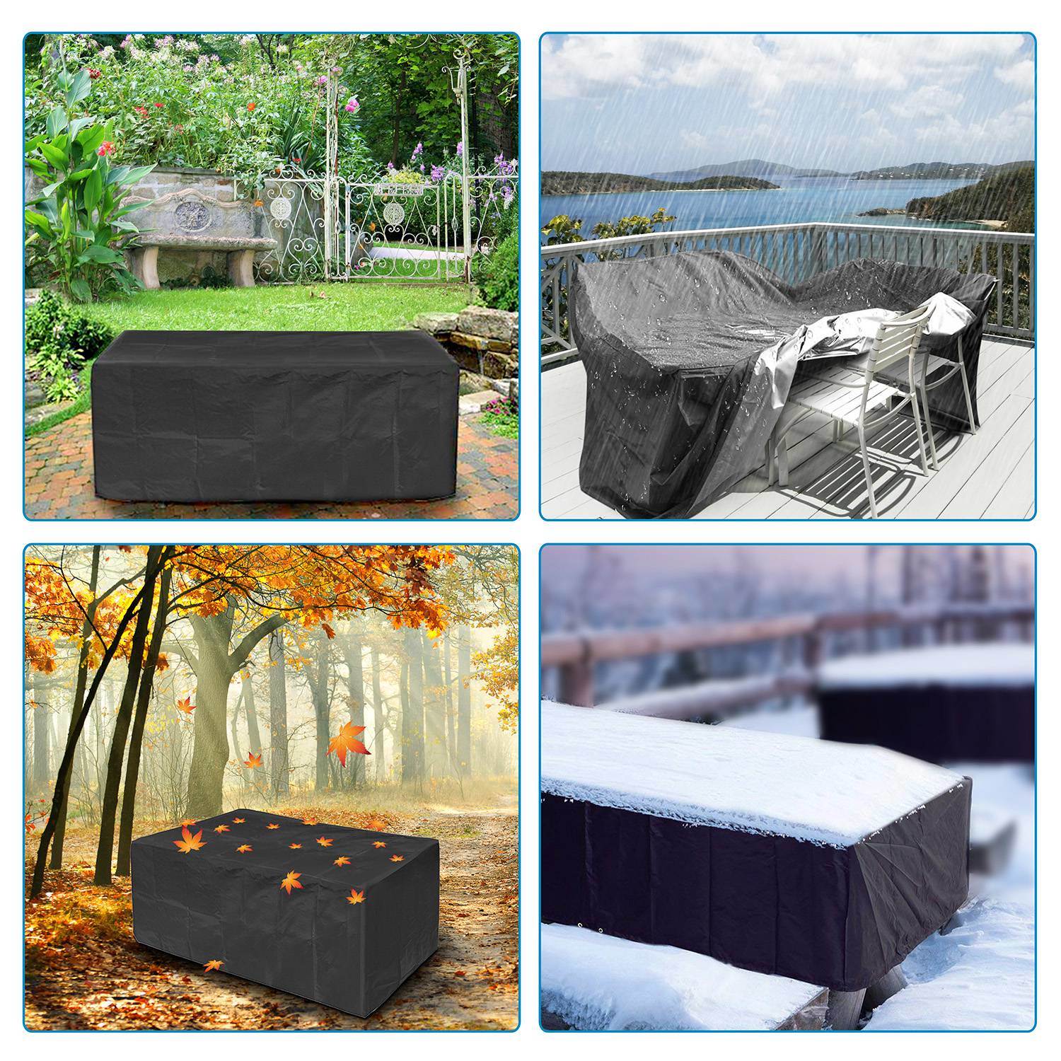 Large black 210D Waterproof Outdoor Furniture Cover made of Oxford cloth on a balcony, labeled as waterproof, anti-UV, windproof, and snow resistant, with an inset showing the cover in use and its storage bag.