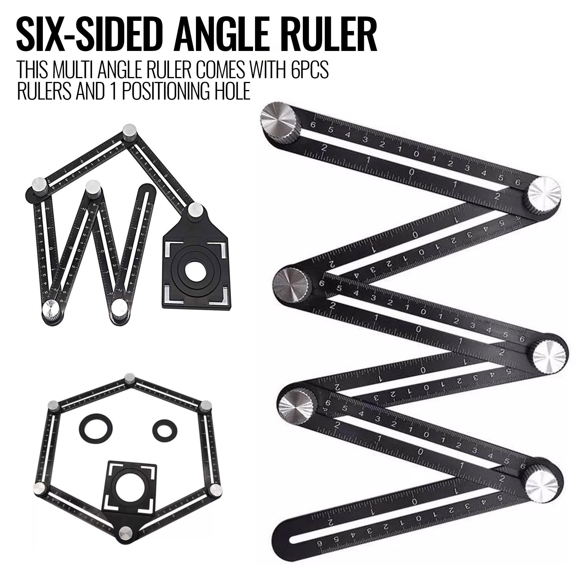 Angularizer Ruler Multi Angle Measuring Ruler Template Tool Universal Carpenter with metal knobs and bolts demonstrated on a curved surface, alongside isolated images of the tool's components and dimensions.