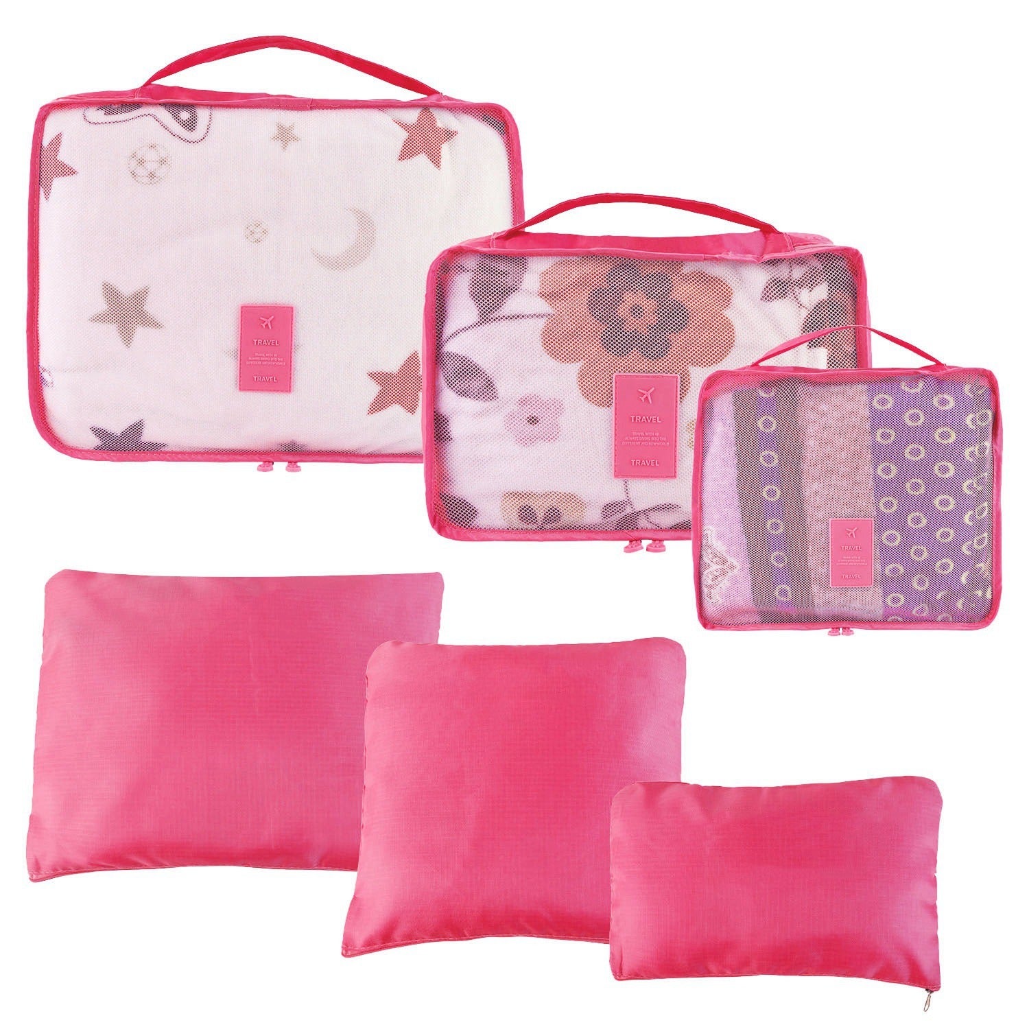 Set of four 9Pcs Clothes Storage Bags Water-Resistant Travel Luggage Organizer Clothing Packing Cubes of varying sizes with clothing items, displayed next to a folded floral blouse, all on a white background.