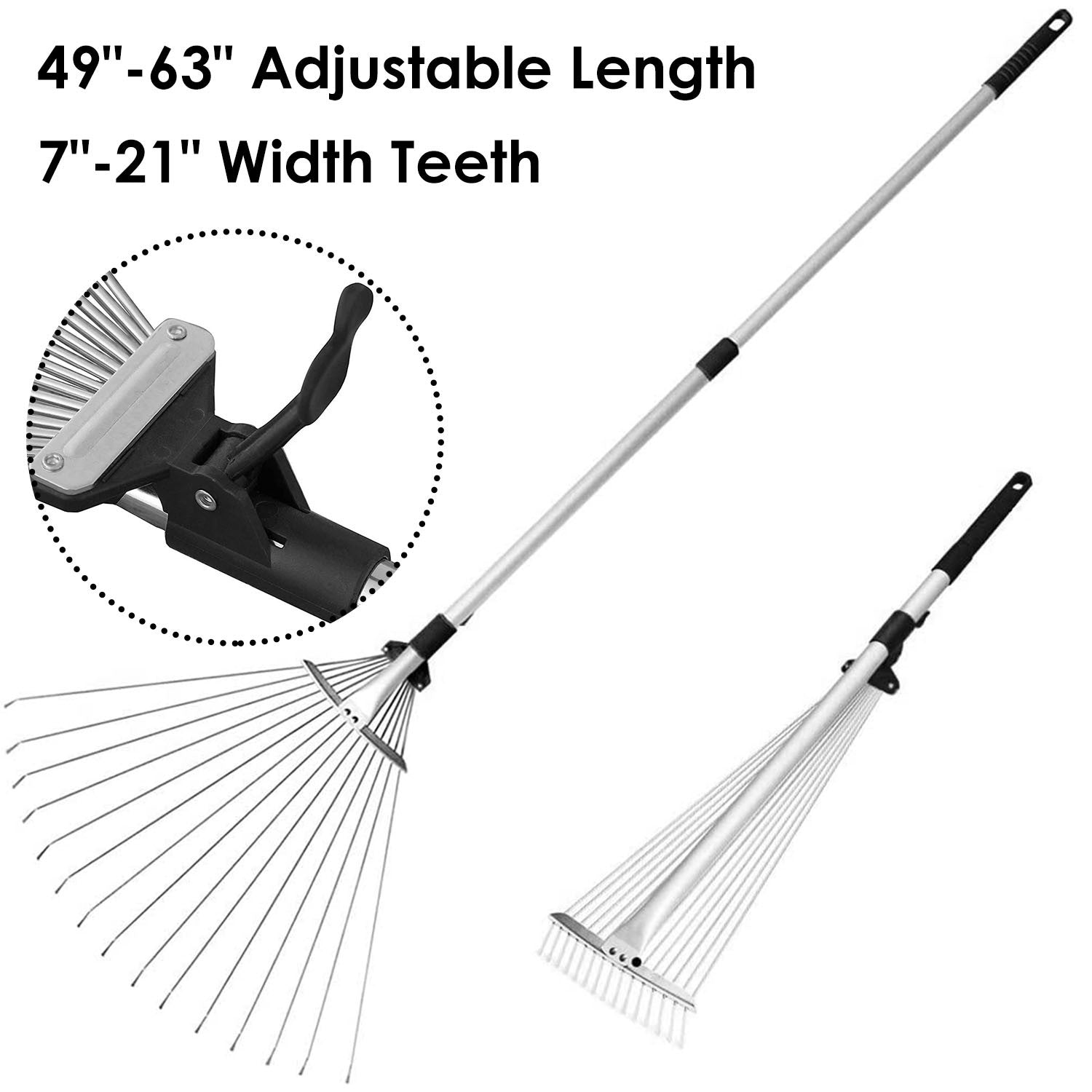 63in Adjustable Garden Leaf Rake 15 Teeth Expanding Stainless Steel Rake For Quick Clean Lawn Yard Garden with an adjustable white handle and black grip on a white background.