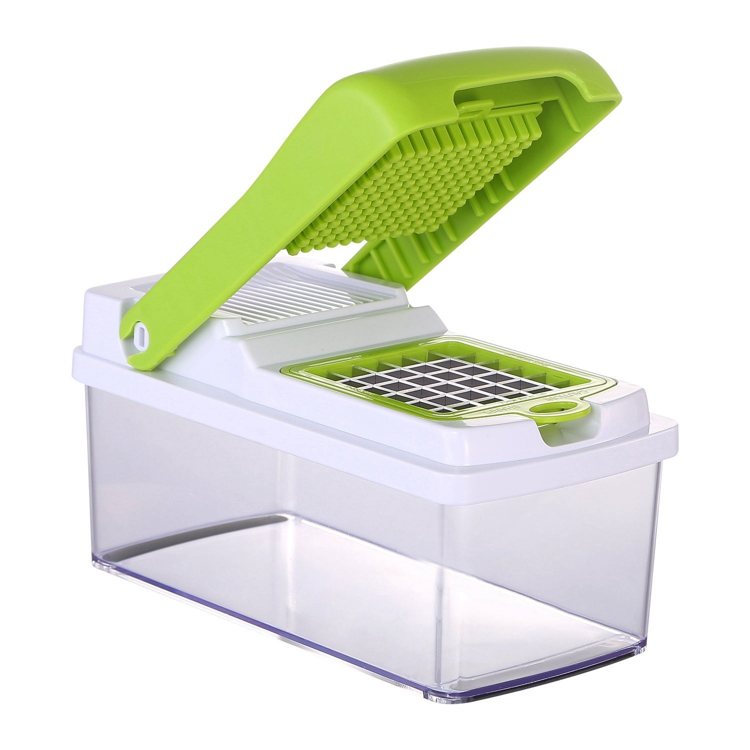 A Vegetable Slicer Quick Potato Tomato Fruit Cutter Set with 3 Blades Stainless Steel Food Chopper with sliced carrots inside it, placed on a kitchen counter with tomatoes nearby.