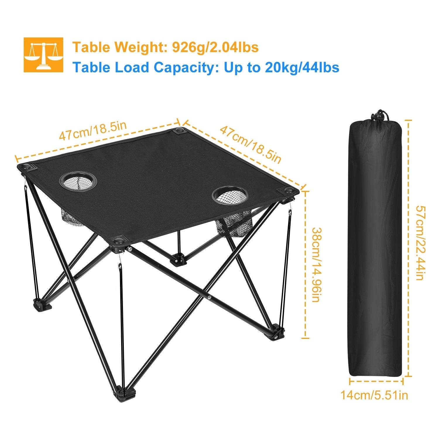 Portable black camping chair with two cup holders, made from sturdy 600D Oxford fabric, shown both set up and folded inside a carry bag.