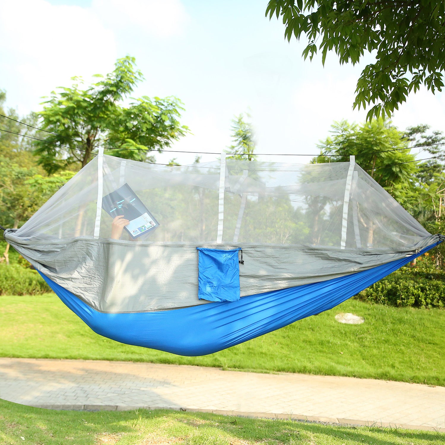 600lbs Load 2 Persons Hammock with Mosquito Net Outdoor Hiking Camping Hommock Portable Nylon Swing Hanging Bed, suspended by ropes on a white background.