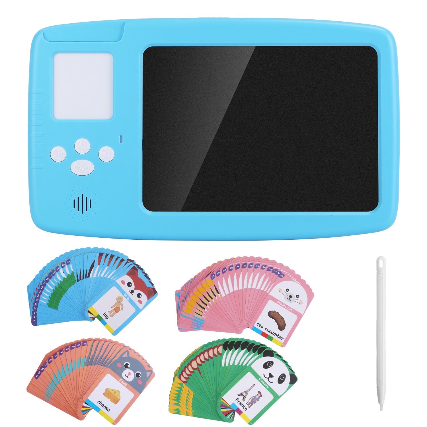 A 224 Words Toddler Learning Toy Talking Flash Cards with LCD Writing Tablet Preschool Educational Reading Drawing Machine Autism Sensory Toy 3+ Years Old Children with stylus and cartoon drawings illuminated in a rainbow of colors, accompanied by music-themed flashcards, is an ideal early education machine.