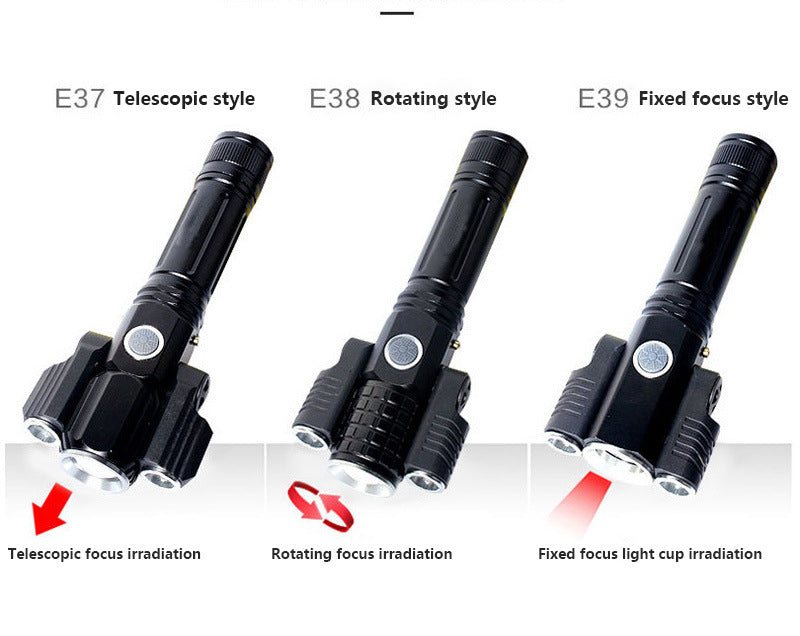 Black tactical 3 head flashlight on a white background.