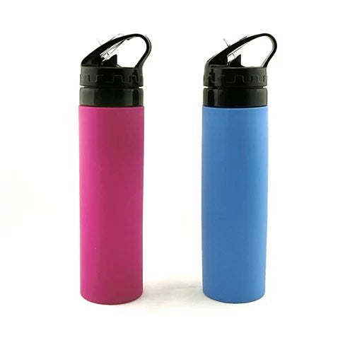 Four SILLYMATE Silicon Squeeze N Sip Waterbottles in pink, blue, green, and white, each with a black flip-top lid, lined up on a reflective surface.