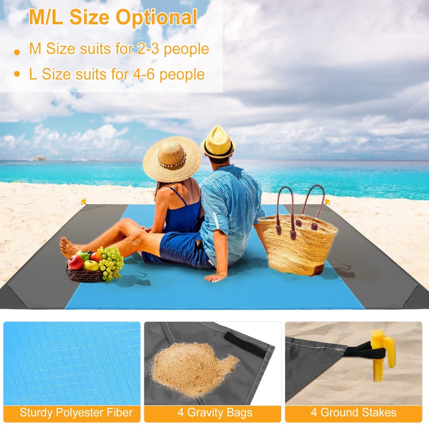 108x96.46in Sand Proof Picnic Blanket Water Resistant Foldable Camping Beach Mat with stakes and a carry bag, isolated on a white background.