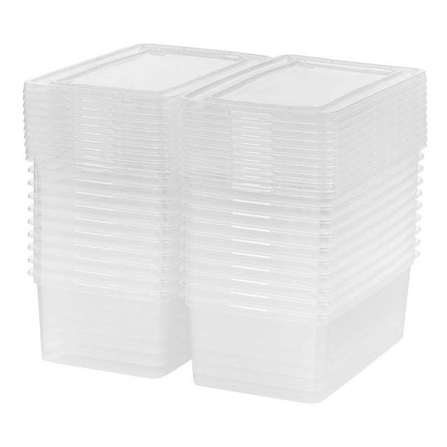 5 Qt. (1.25 gal.) Small Stackable Plastic Closet Storage Boxes filled with various items like toys, clothes, and office supplies.