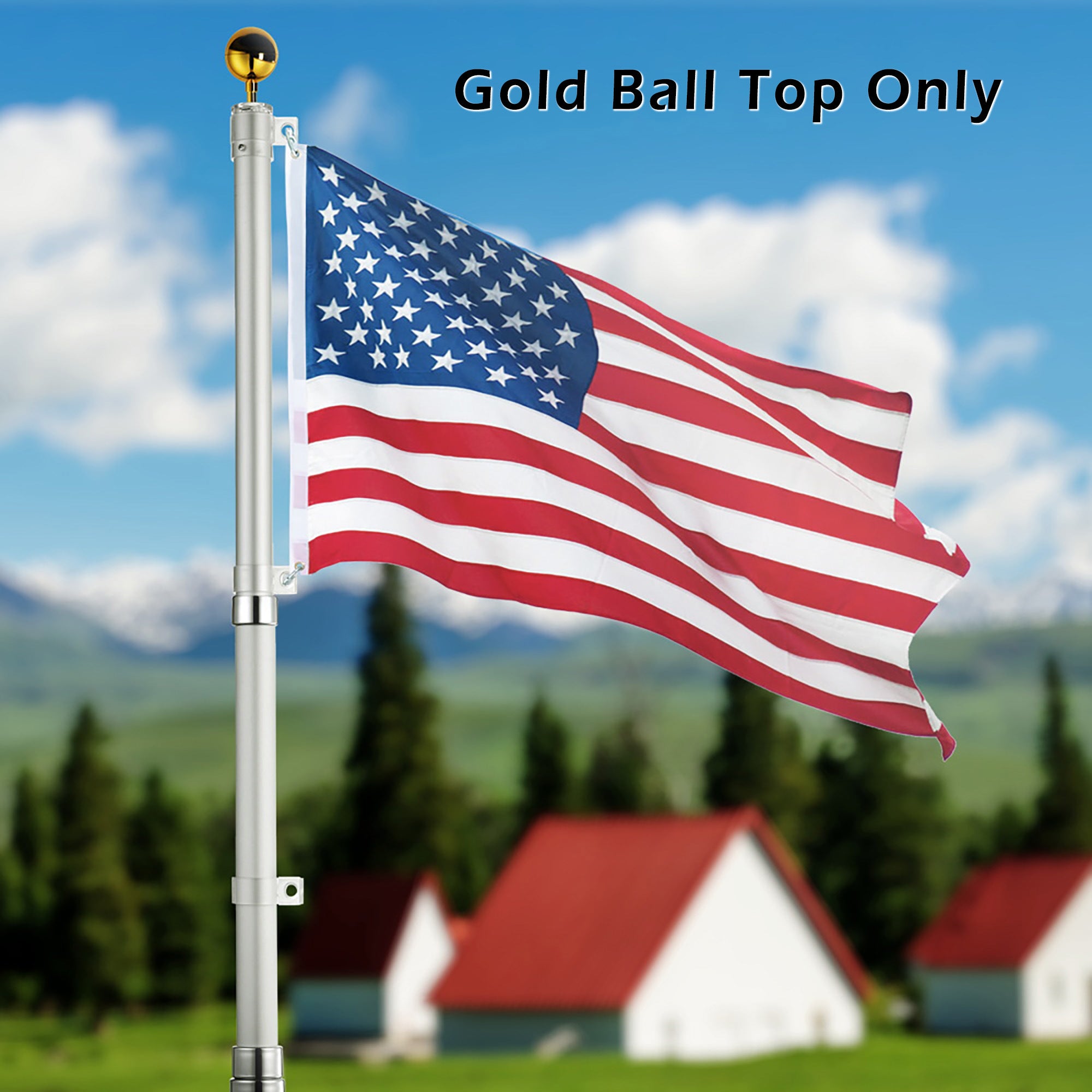A Gold Ball For 16ft 20ft 25ft Flag Pole atop a threaded post, split horizontally in the center, isolated on a white background.