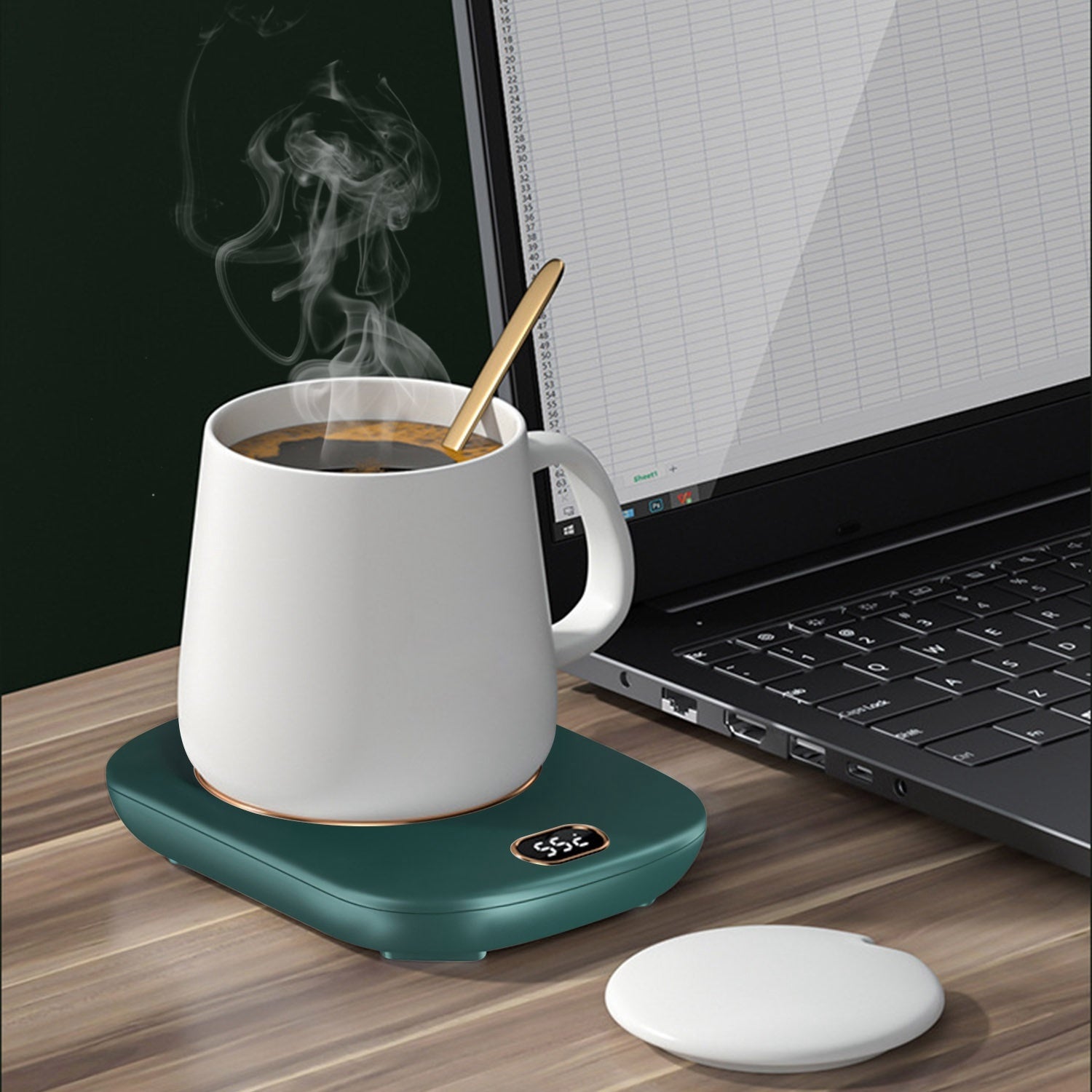 A pink Electric Coffee Mug Warmer for Desk Auto Shut off USB Tea Milk Beverage Cup 3 Temperature Setting with a digital display showing the temperature at 55 degrees Celsius and auto off feature.