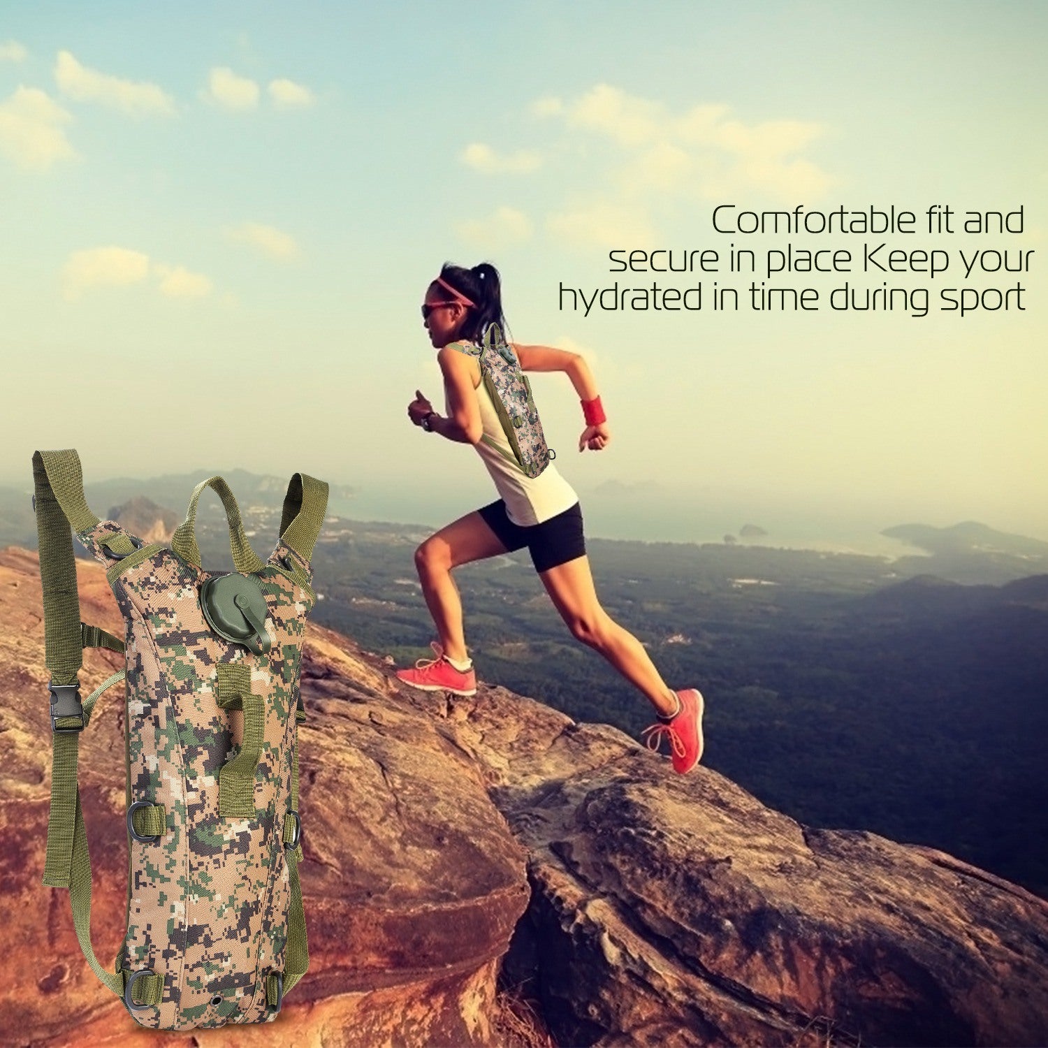 Tactical Hydration Pack suitable for running, cycling, and climbing. Includes water bladder, camo backpack, and icons indicating BPA-free material.