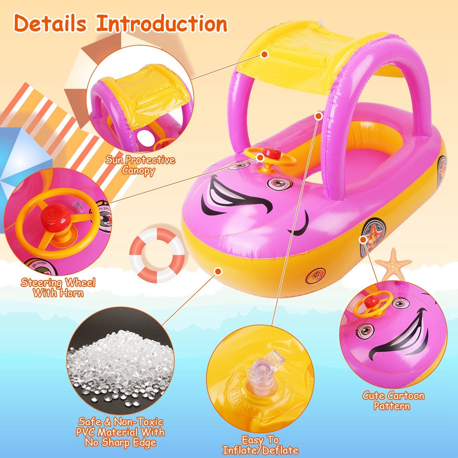 A young child smiles while sitting in a colorful Baby Inflatable Pool Float Car Shaped Toddler Swimming Float Boat Pool Toy Infant Swim Ring Pool with Sun Protection Canopy for 1-3 Year-Old Kids Infant Toddlers in a swimming pool.