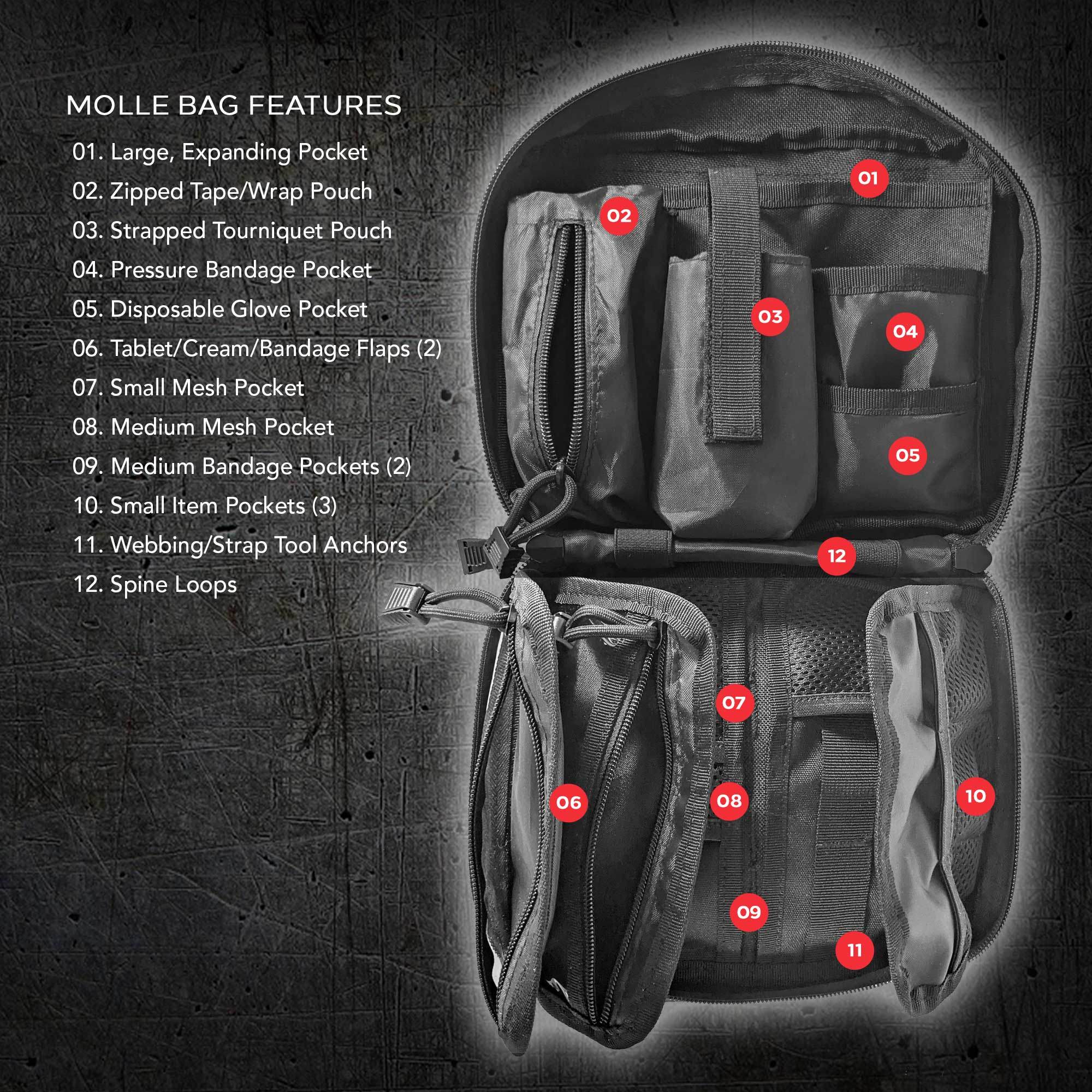Black First Aid MOLLE bag unzipped to show interior compartments for rapid access supplies, and a view of the closed pouch next to it.