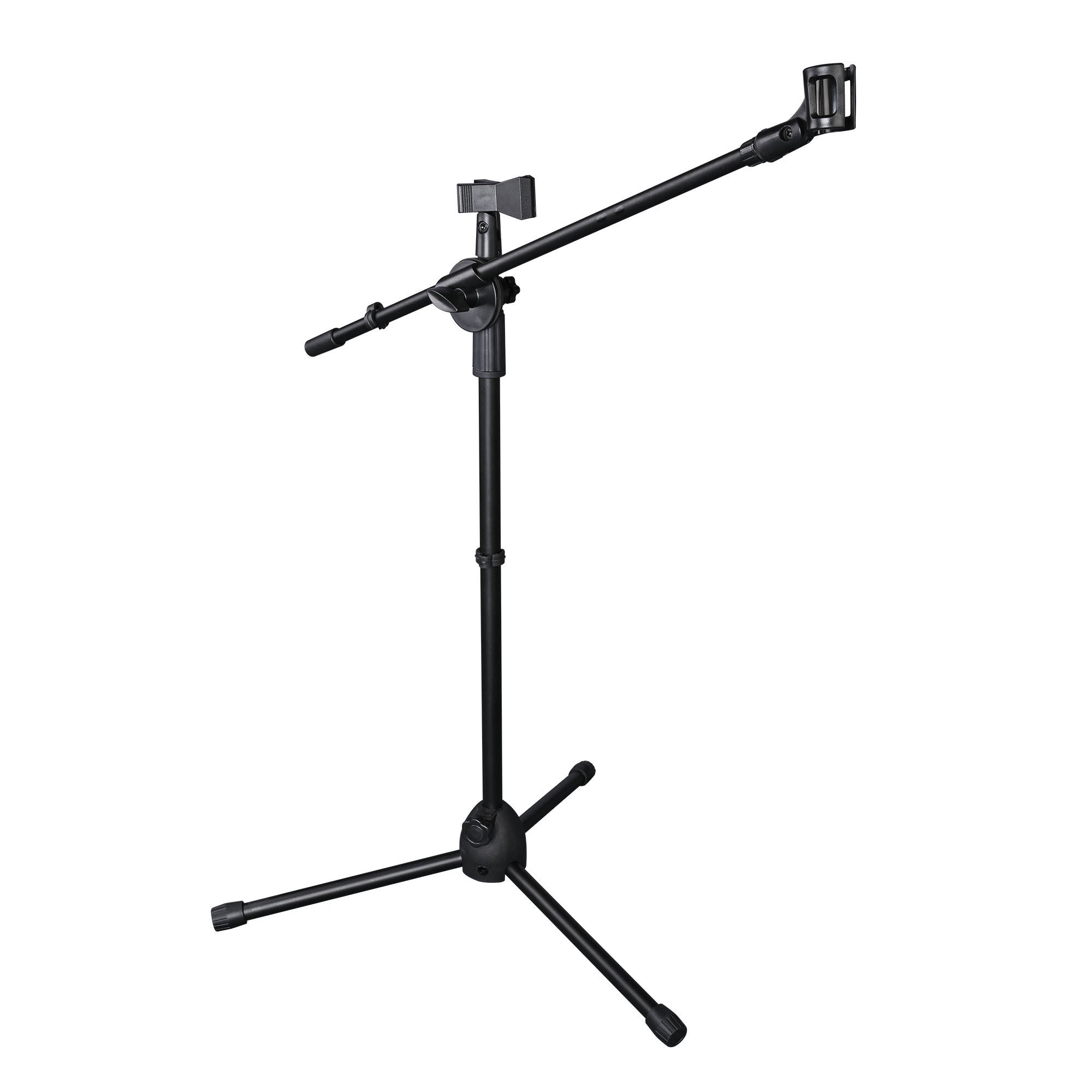 Black Mic Stand w/ Boom Arm 2mic Black with adjustable height and a tripod base isolated on a white background.