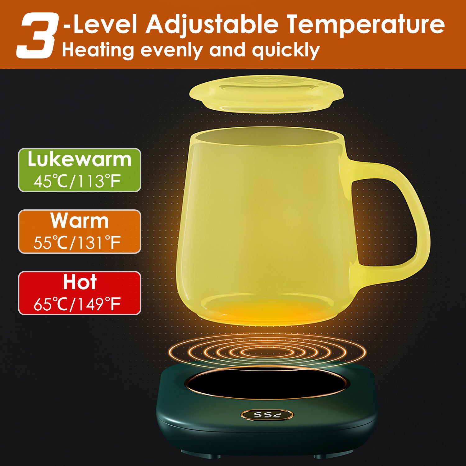 A pink Electric Coffee Mug Warmer for Desk Auto Shut off USB Tea Milk Beverage Cup 3 Temperature Setting with a digital display showing the temperature at 55 degrees Celsius and auto off feature.