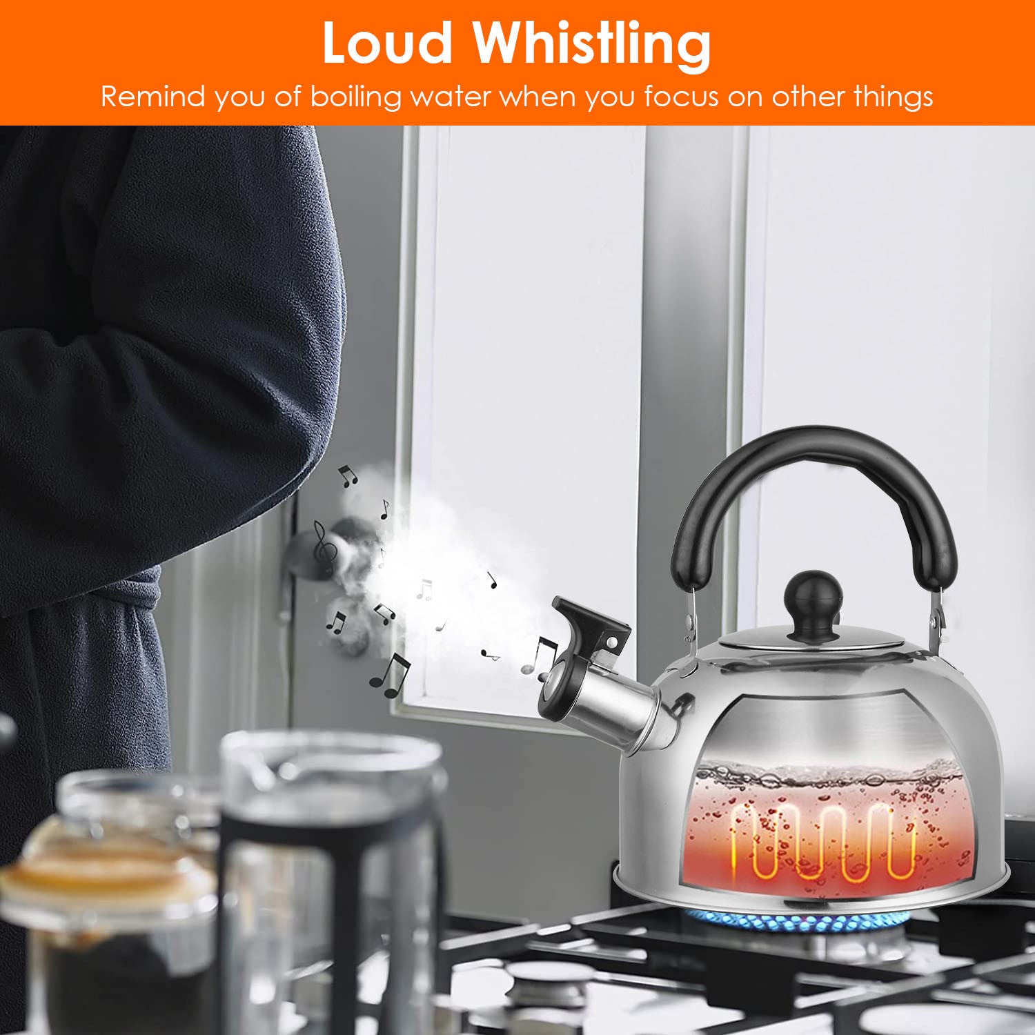 2.1Quarts Stainless Steel Whistling Tea Kettle Stovetop Induction Gas Teapot with Insulated Handle Camping Kitchen Office with a black handle and spout, featuring a loud whistling sound, isolated on a white background.