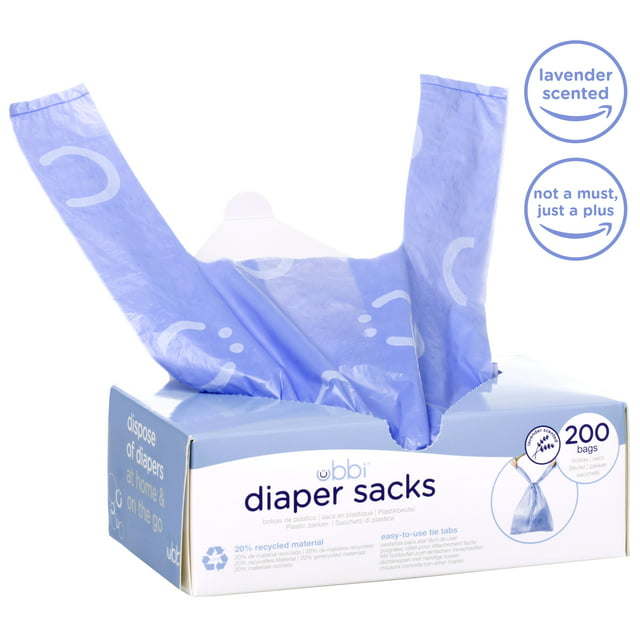 Box of Ubbi Diaper Sacks, Purple, 200 Ct. with two odor locking diaper pail bags pulled out, highlighting the features and design.