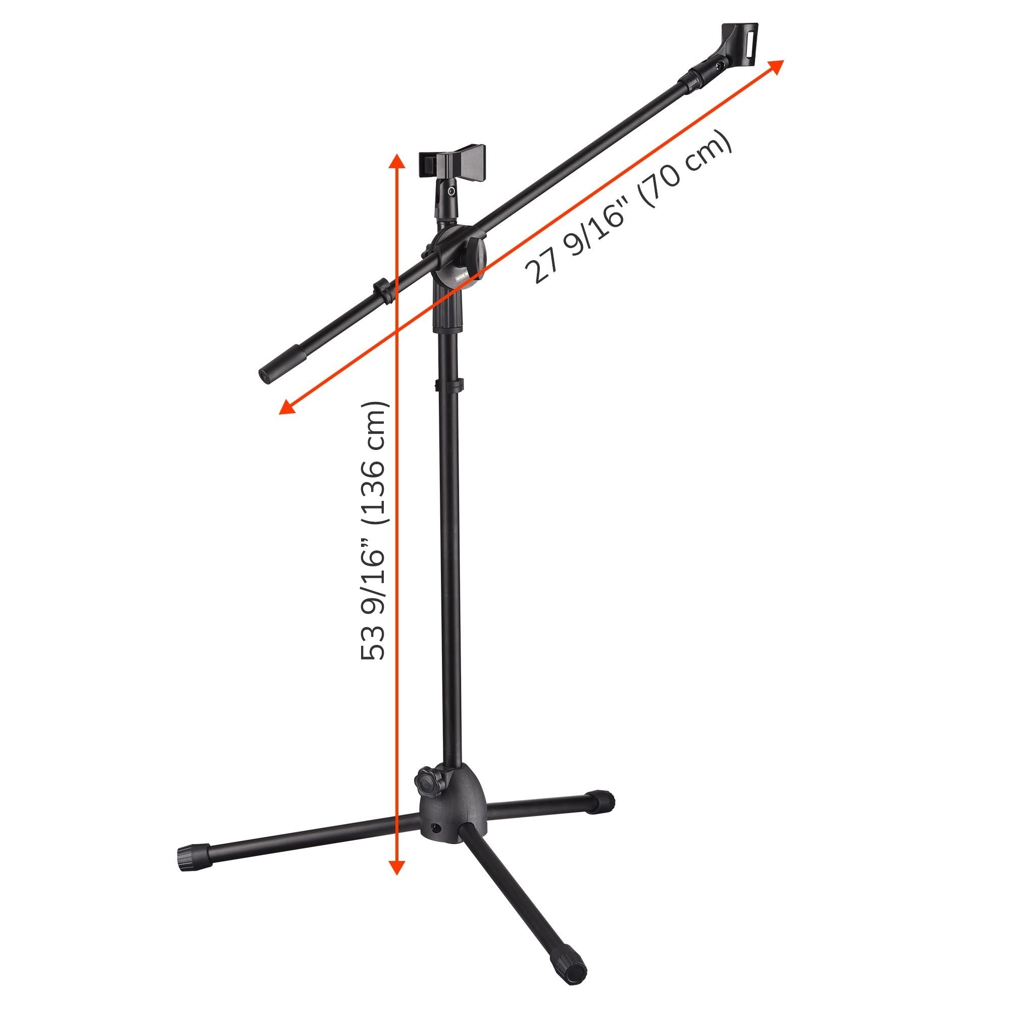 Black Mic Stand w/ Boom Arm 2mic Black with adjustable height and a tripod base isolated on a white background.
