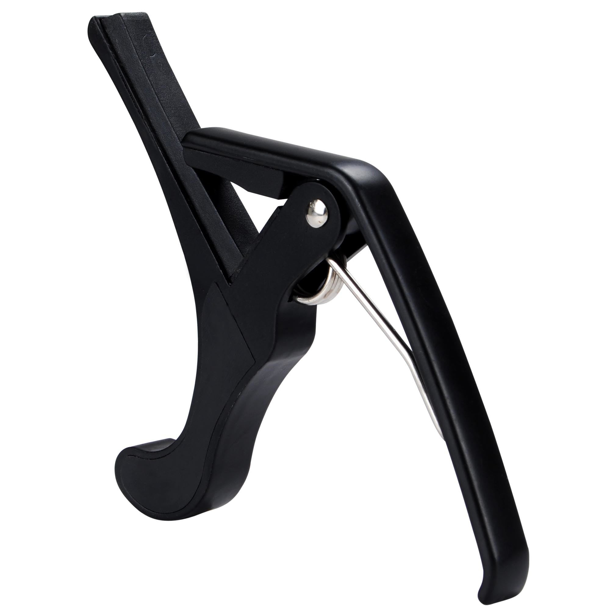 Black aluminum alloy Guitar Capo isolated on a white background, side view.