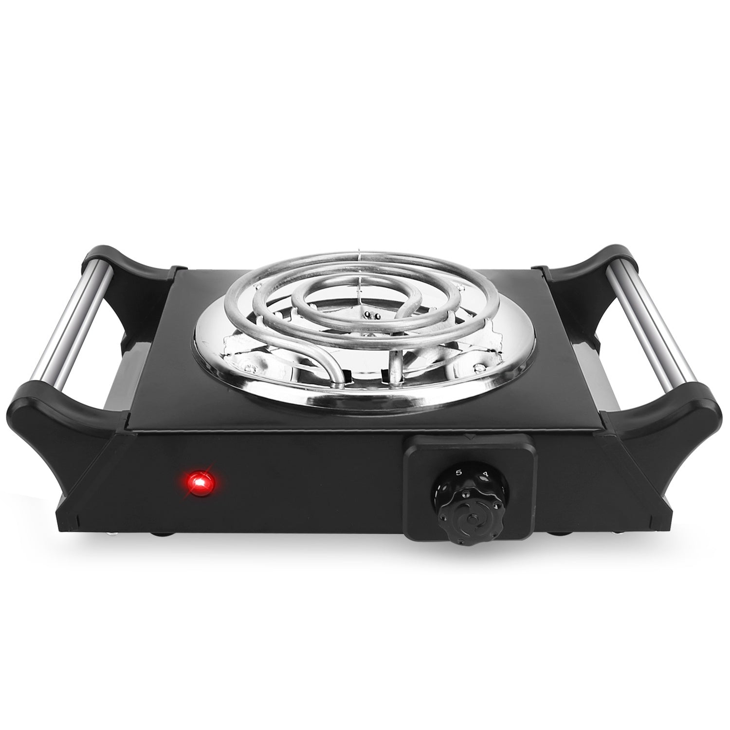 Sentence with Product Name: 1000W Electric Single Burner Portable Coil Heating Hot Plate Stove Countertop RV Hotplate with 5 Temperature Adjustments Portable Handles displayed with a man cooking on it in a kitchen setup.