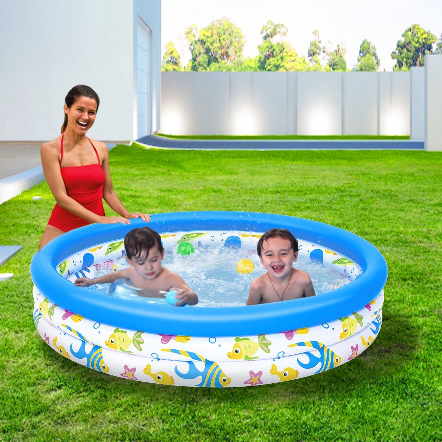 The 48x10In Inflatable Swimming Pool Blow Up Family Pool For 2 Kids Foldable Swim Ball Pool Center with separate air columns highlighted; an air pump is shown with icons indicating fast inflation and deflation. Safety warnings are visible on the pool's side. This premium materials splashing pool party feature ensures durability and fun for all ages.