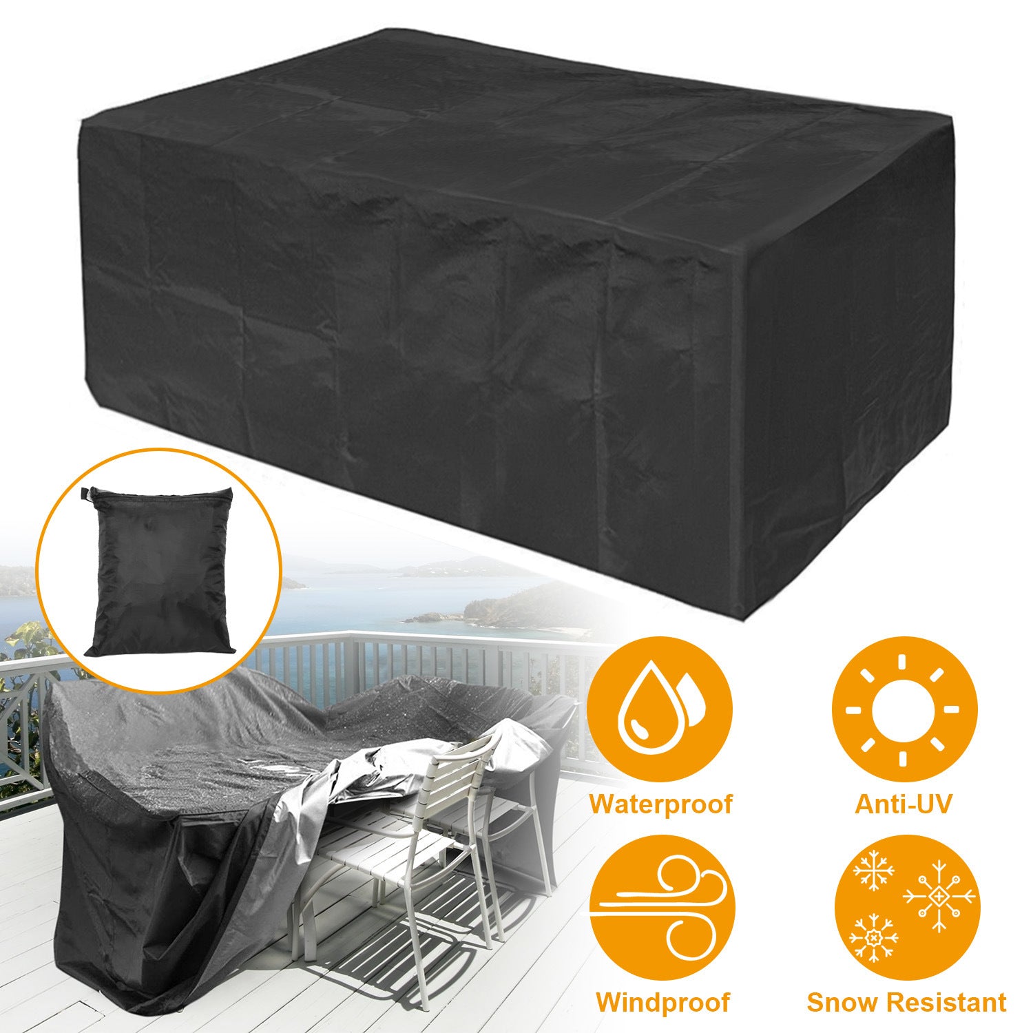 Large black 210D Waterproof Outdoor Furniture Cover made of Oxford cloth on a balcony, labeled as waterproof, anti-UV, windproof, and snow resistant, with an inset showing the cover in use and its storage bag.