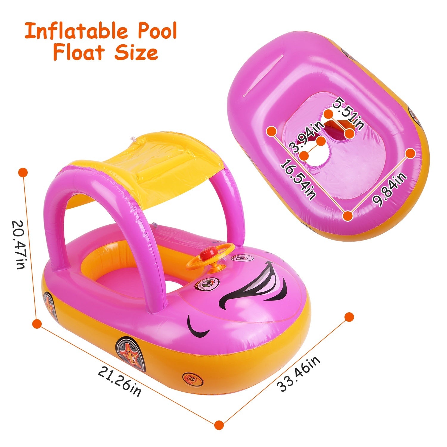 A young child smiles while sitting in a colorful Baby Inflatable Pool Float Car Shaped Toddler Swimming Float Boat Pool Toy Infant Swim Ring Pool with Sun Protection Canopy for 1-3 Year-Old Kids Infant Toddlers in a swimming pool.
