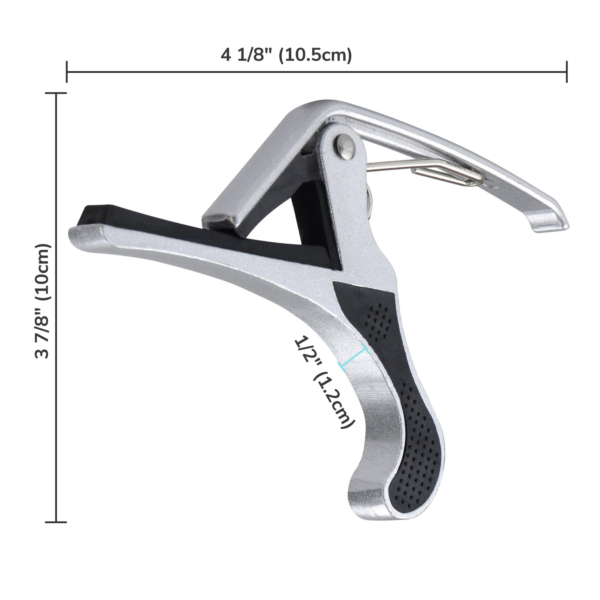 Aluminum alloy silver Guitar Capo with black rubber padding, isolated on a white background.