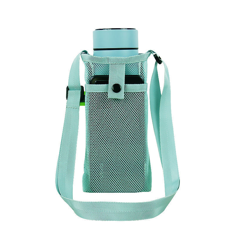Black mesh Water and Phone bag with a shoulder strap and a blue water bottle partially visible at the top.
