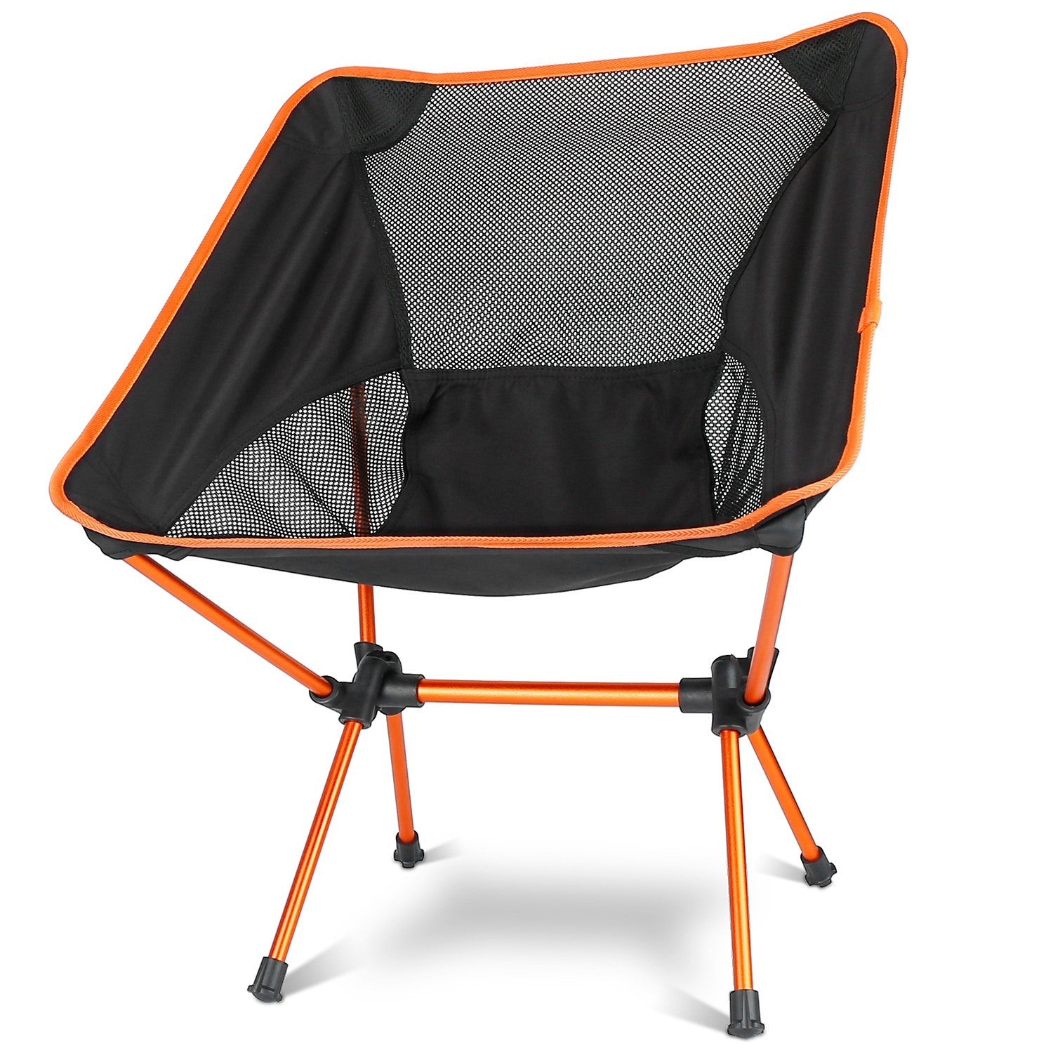 A lightweight and black Foldable Camping Chair Collapsible Ultra-light Camping Chair Backpacking Chair for Outdoor Camping Fishing BBQ Beach Picnic with a mesh backrest and storage pouches on a white background.
