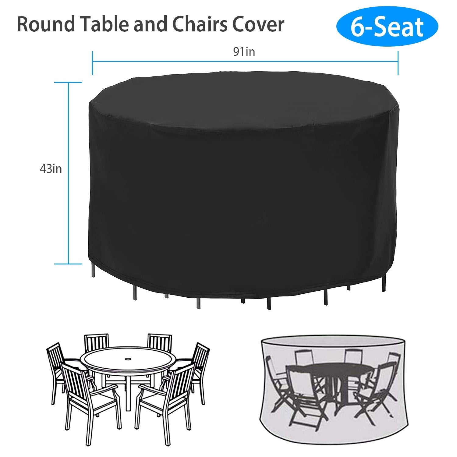 A Circular Table Cover UV Water Resistant Outdoor Furniture Protector fitting over a round table, with the table's legs visible.