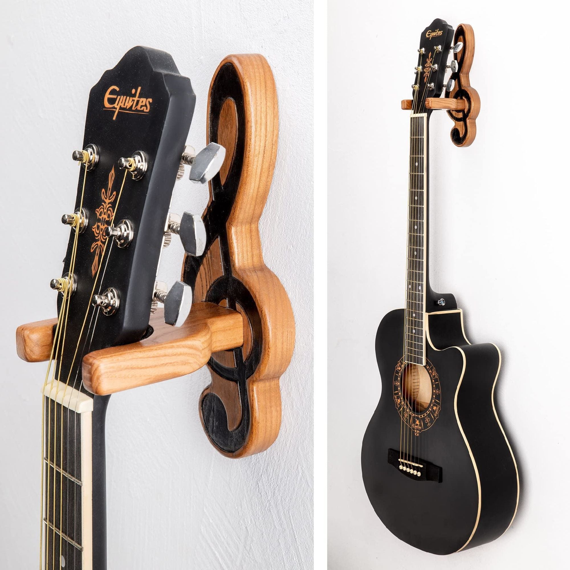 TESLYAR Guitar Holder Wall Mount Ash Wood Wooden Guitar Hanger Hook Stand Rack holding an acoustic guitar headstock, isolated on a white background.