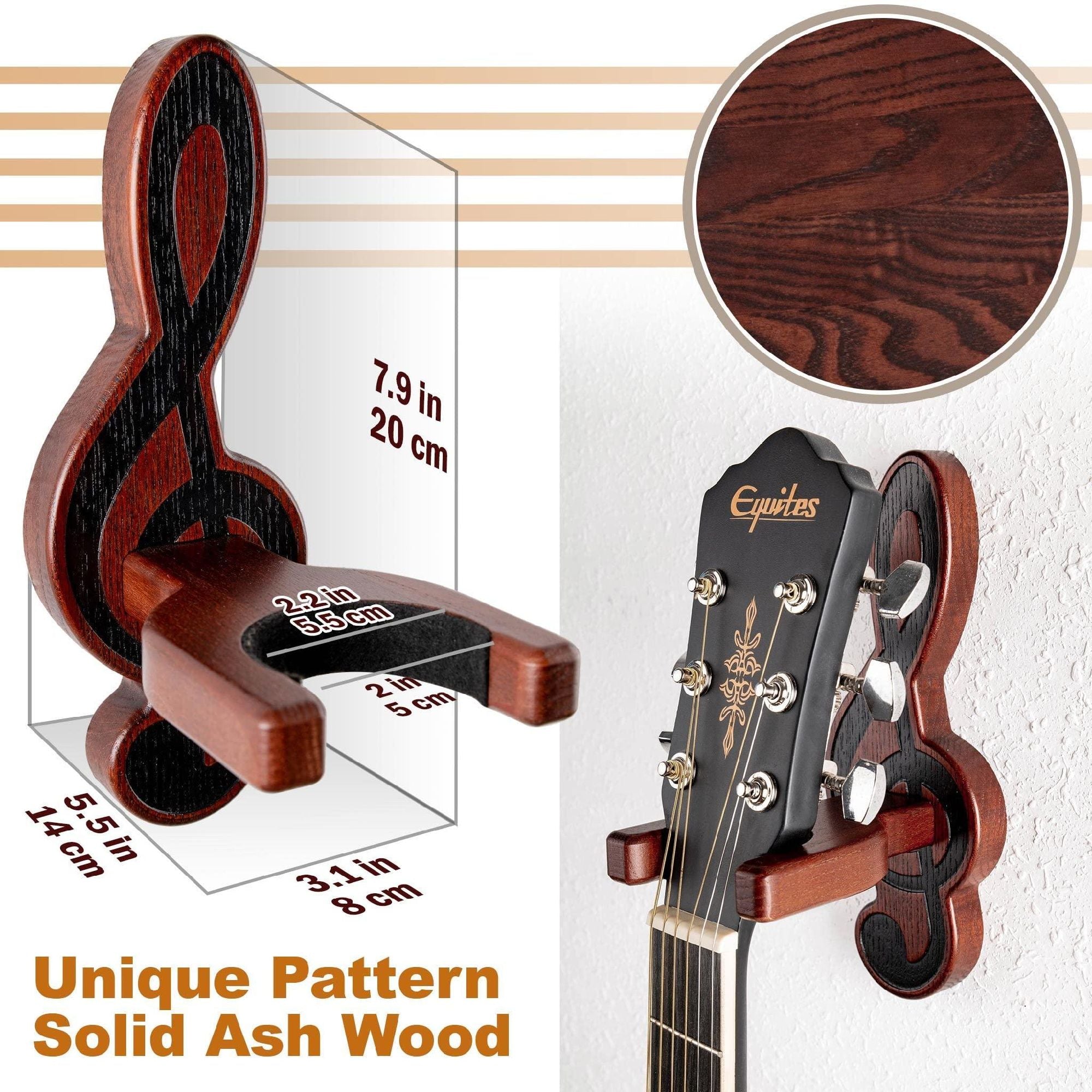 Sentence with the replaced product name: Guitar Holder Wall Mount Ash Wood Wooden Guitar Hanger Hook Stand Rack Guitar Hanger for Electric Classic Acoustic and Bass Guitar Musical Instruments Hardwood (Mahogany Musical key) with padded yoke, shown with a close-up of a guitar headstock attached to it.
