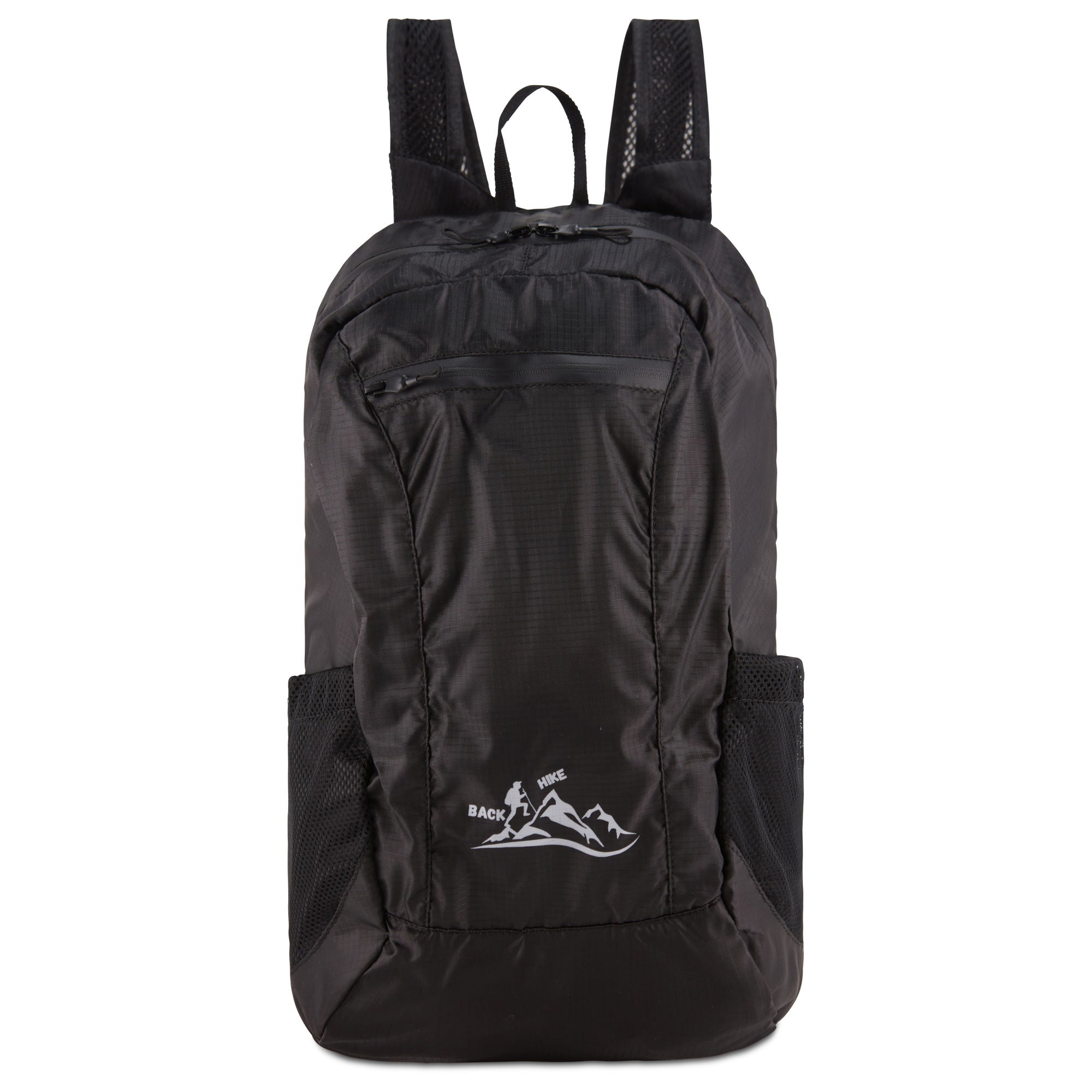 A hand holding a small, black HIKE Back- Folding Backpack with a white hiker icon printed on it, isolated against a white background.