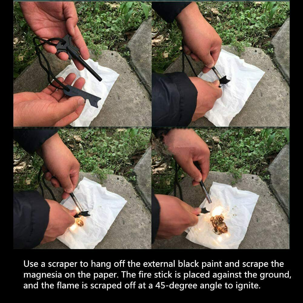 A multifunctional black emergency survival tool kit with a built-in Fire Starter Flint Steel Striker Ferro Rod Waterproof Firesteel Camping Lighter and ruler, displayed against a concrete background, with an inset image showing its fire-starting capability.