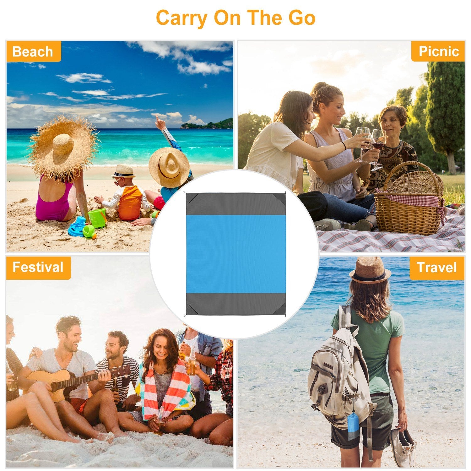 108x96.46in Sand Proof Picnic Blanket Water Resistant Foldable Camping Beach Mat with stakes and a carry bag, isolated on a white background.