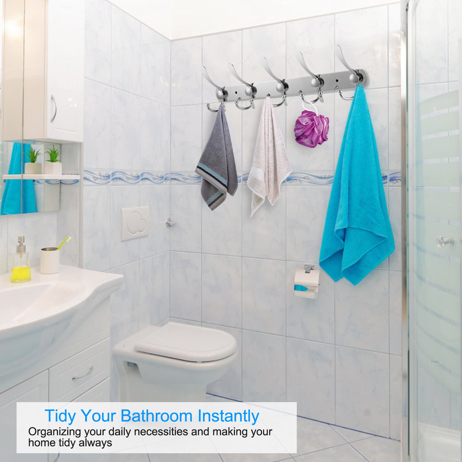 Wall Mount Coat Hook with fifteen stainless steel double hooks on a sleek, horizontal board, isolated on a white background.