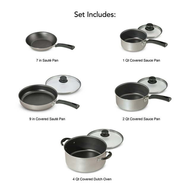 A set of new 9-Piece Non-Stick Cookware Set including two pots, a saucepan, and two frying pans, all with tempered glass lids and black handles, arranged on a white background.