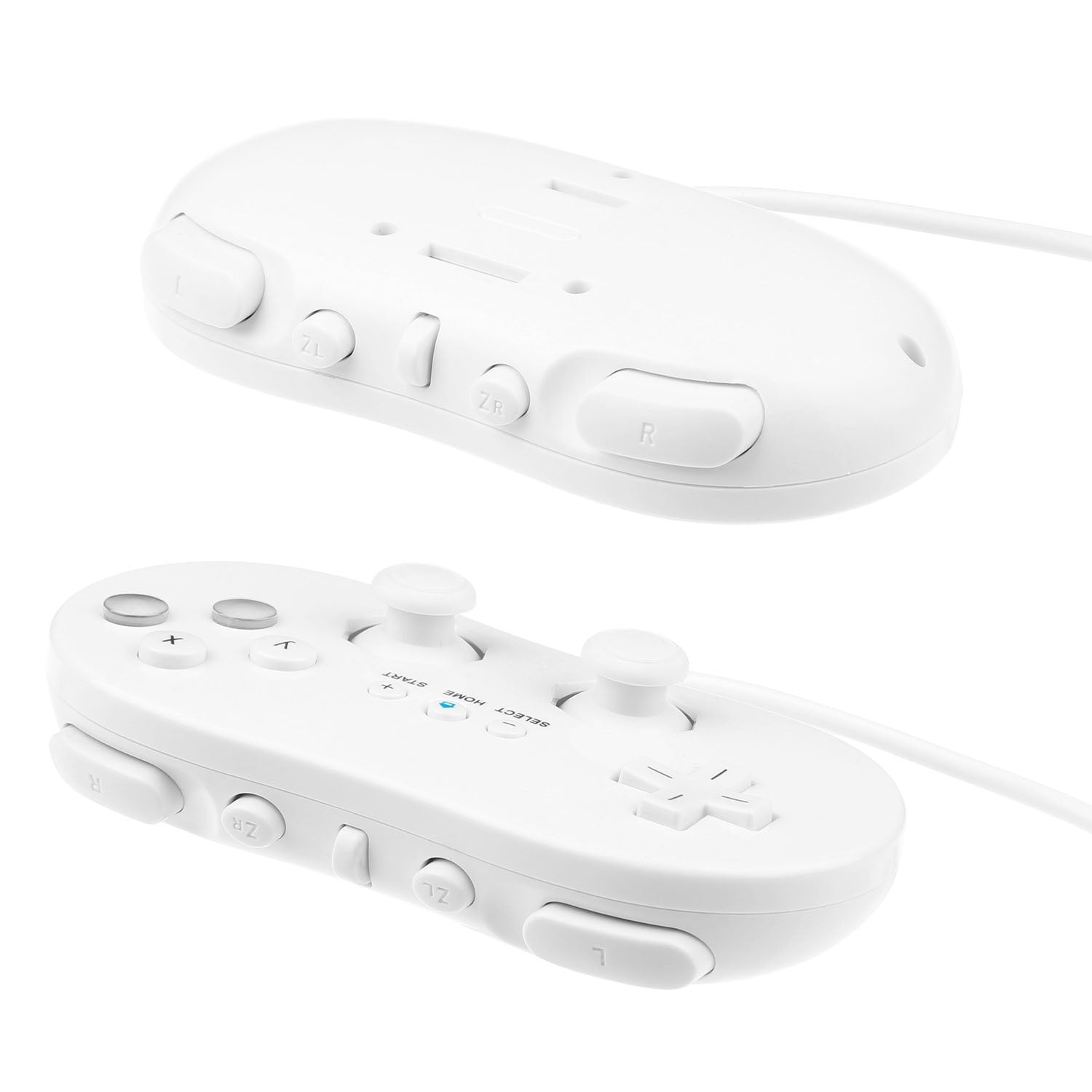 Advertisement for a 2PCS Classic Game Controller Pad Wired Gamepad Joypad Joystick compatible with Wii/WiiWare/Virtual Console games, featuring an ergonomic grip and showing its design and button layout.