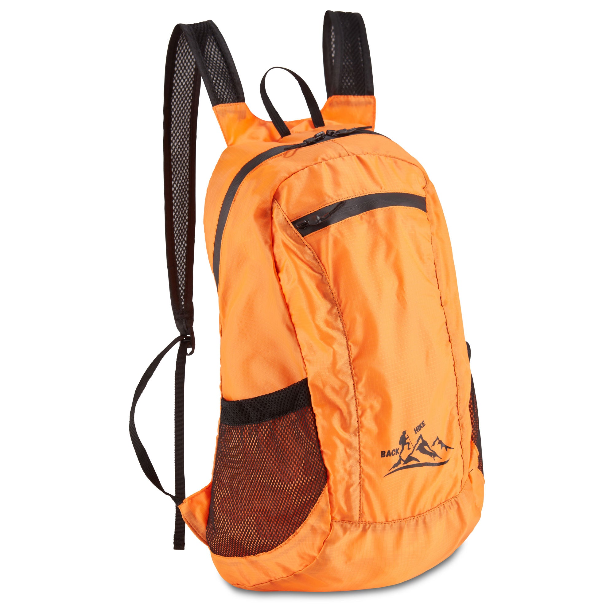 A hand holding a small, black HIKE Back- Folding Backpack with a white hiker icon printed on it, isolated against a white background.