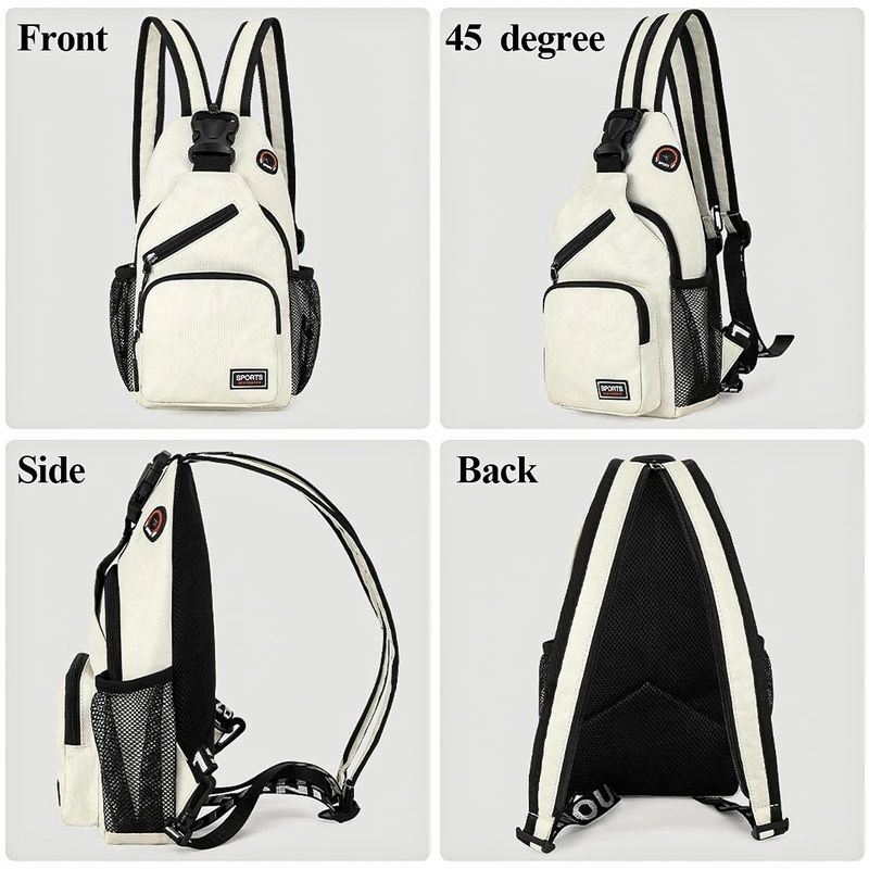 A small, cream-colored Colorpop Sling Bag with black zippers and trim, featuring two mesh side pockets and a sporty logo on the front.