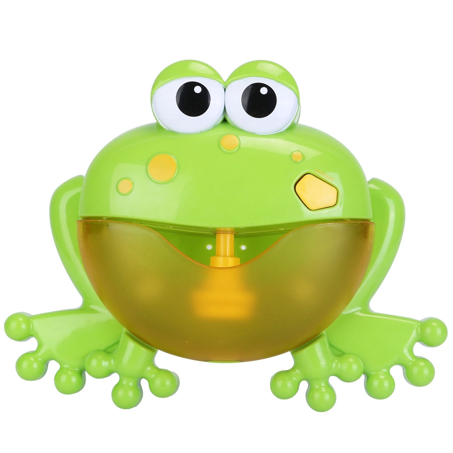 A whimsical Frog Musical Bubble Bath Maker releasing soap foam, isolated on a white background.
