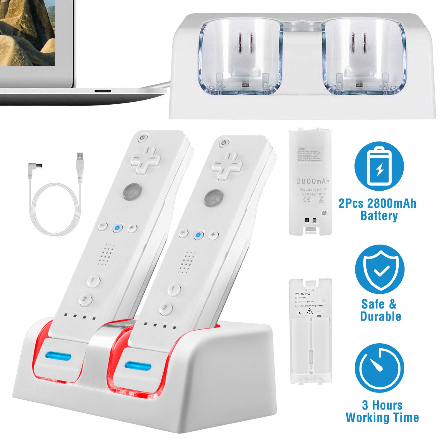 A For Wii Remote Controller Charger Dual Charge Dock with Two 2800mAh Rechargeable Batteries station for gaming controllers with rechargeable batteries, a USB cable, and safety feature icons displayed.