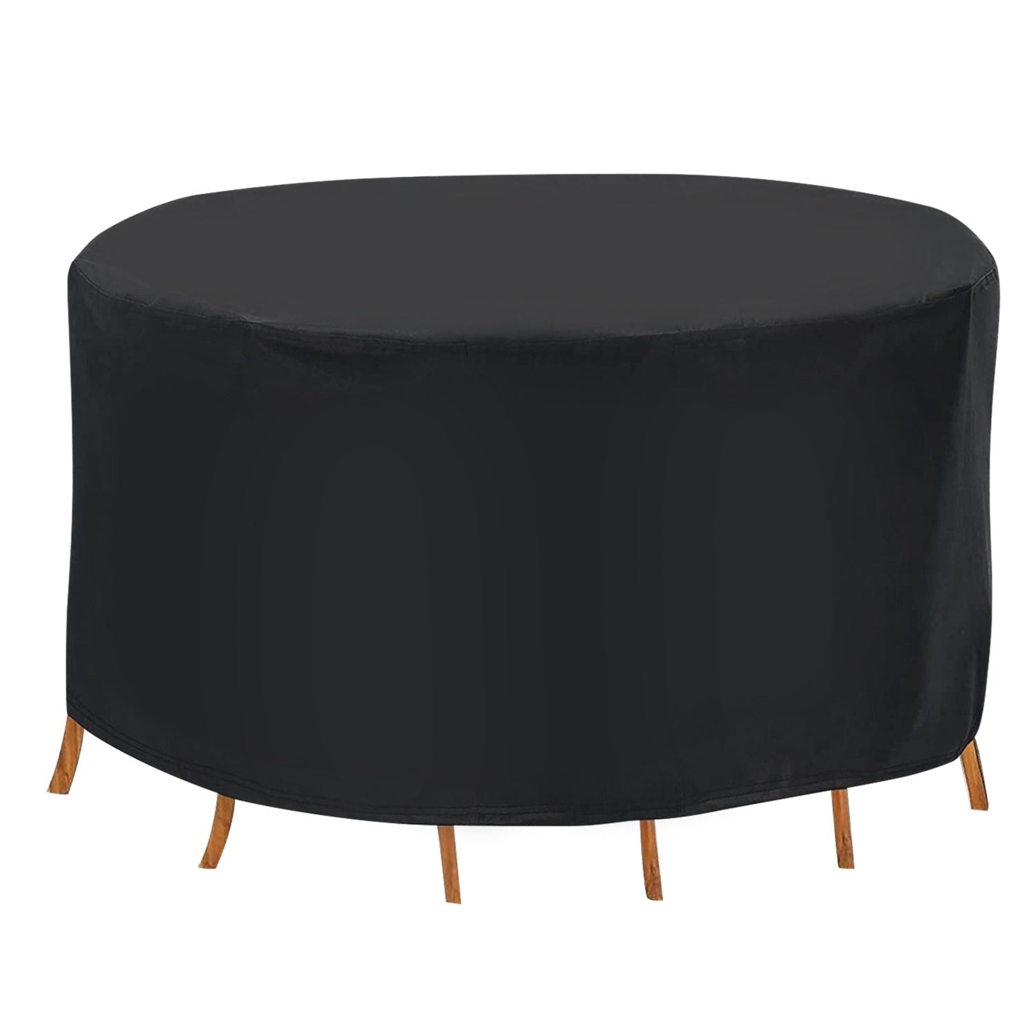 A Circular Table Cover UV Water Resistant Outdoor Furniture Protector fitting over a round table, with the table's legs visible.