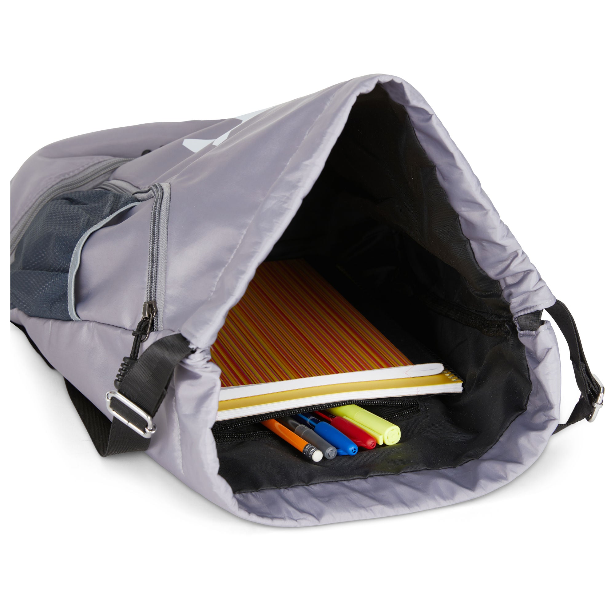 Clarissa GO Bag with a white airplane and suitcase icon, featuring an external pocket and a purple smartphone in a side holder.