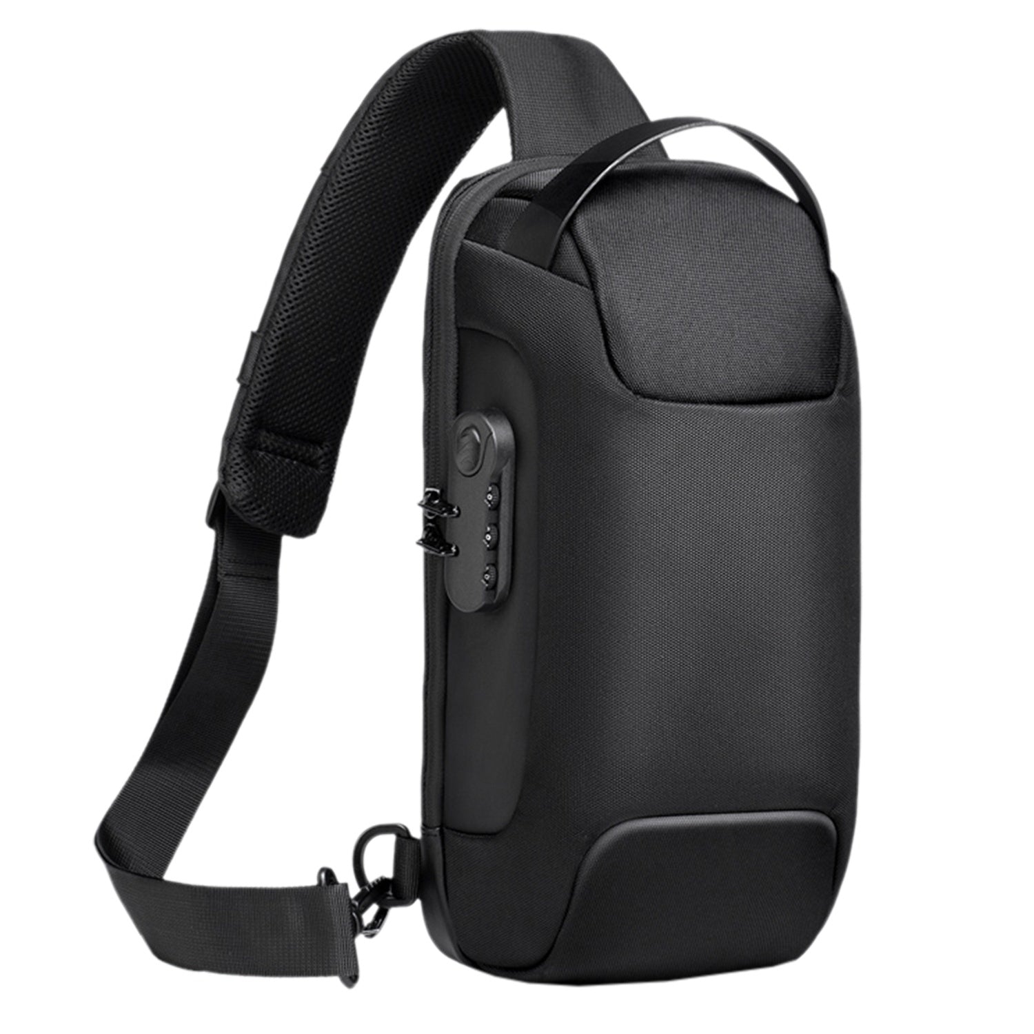 A Men's Sling Backpack Waterproof Anti-theft Shoulder Crossbody Chest Bag Messenger Sling Bag Daypack with USB Charging Port, featuring a smooth outer surface and an adjustable shoulder strap, isolated on a white background.