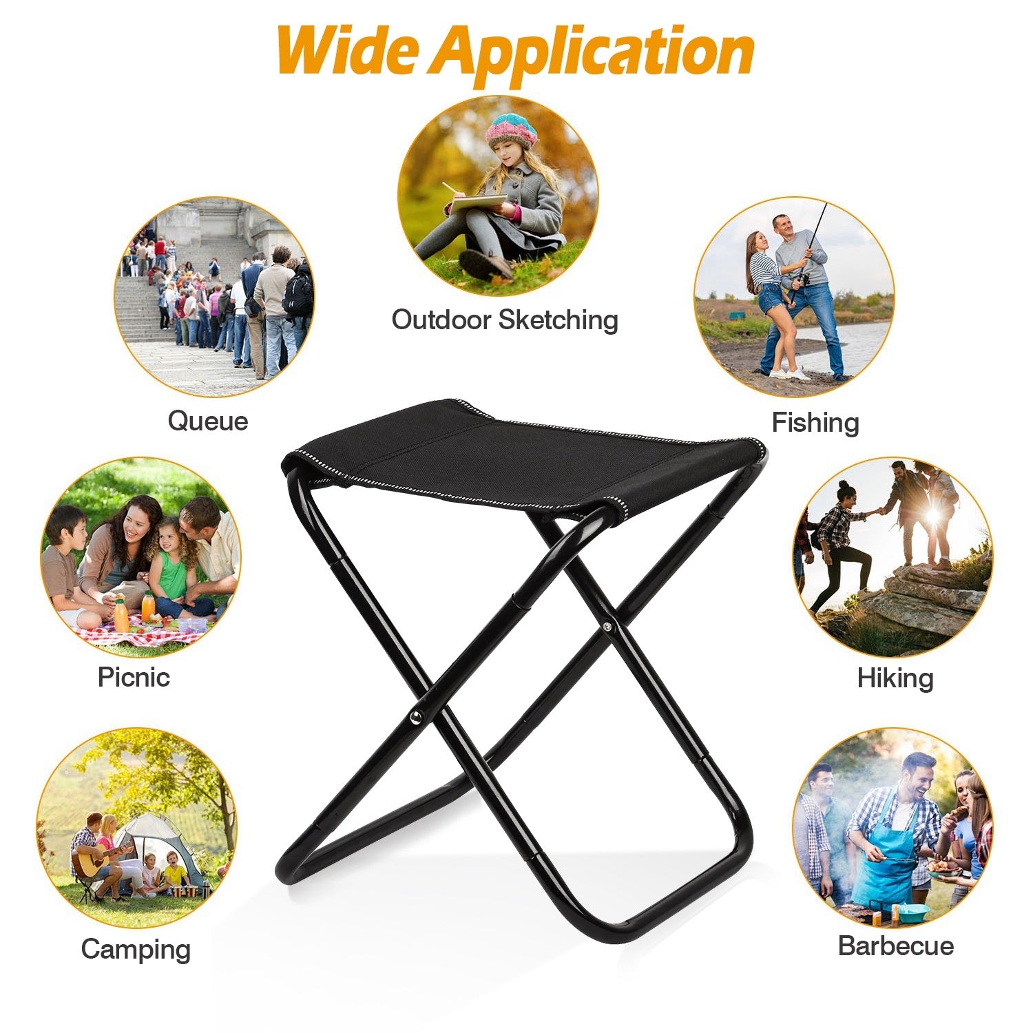 Foldable Camping Stool Portable Travel Chair with a tubular metal frame and a durable fabric seat, isolated on a white background.